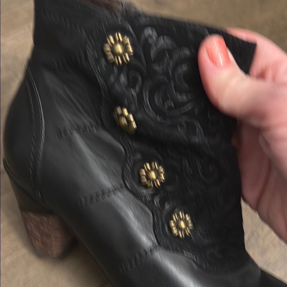 Black Leather Ankle Boots with Gold Accents - Picture 4 of 9